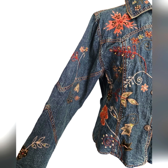 Flashback Couture Denim Jacket Ladies Sz L Vintage Floral Embroidered Rare - Picture 3 of 7